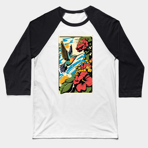 Hummingbird Vibrant Tropical Flower Tall Retro Vintage Digital Pop Art Portrait 2 Baseball T-Shirt by ArtHouseFlunky